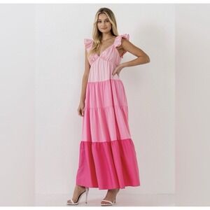 English Factory Sweetheart Color Block Maxi Dress Pink Ruffle Tiered. Sz S